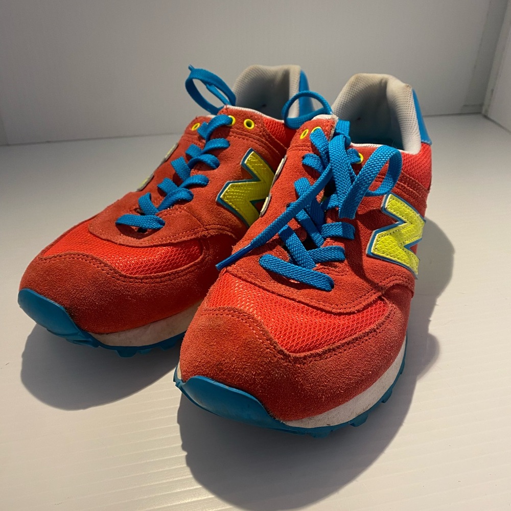 New Balance Coral Pink Neon Yellow and Blue Retro 574 Core Sneakers 8.5